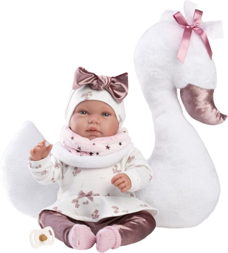 Llorens Crying Baby Doll Tina with Swan Pillow and Sound 44 cm